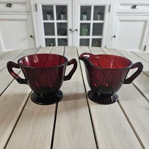 Vintage Anchor Hocking Royal Ruby Footed Creamer and Open Sugar Bowl Set.